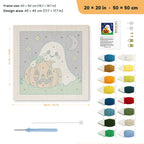 Pumpkin Patch Ghost punch needle kit, 20 × 20 in (50 × 50 cm): canvas size and kit contents