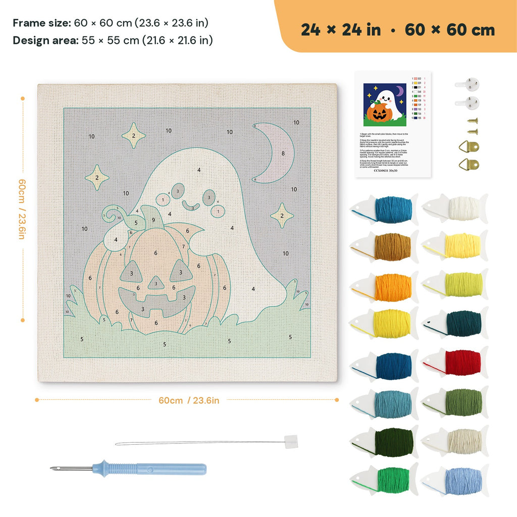 Pumpkin Patch Ghost punch needle kit, 24 × 24 in (60 × 60 cm): canvas size and kit contents