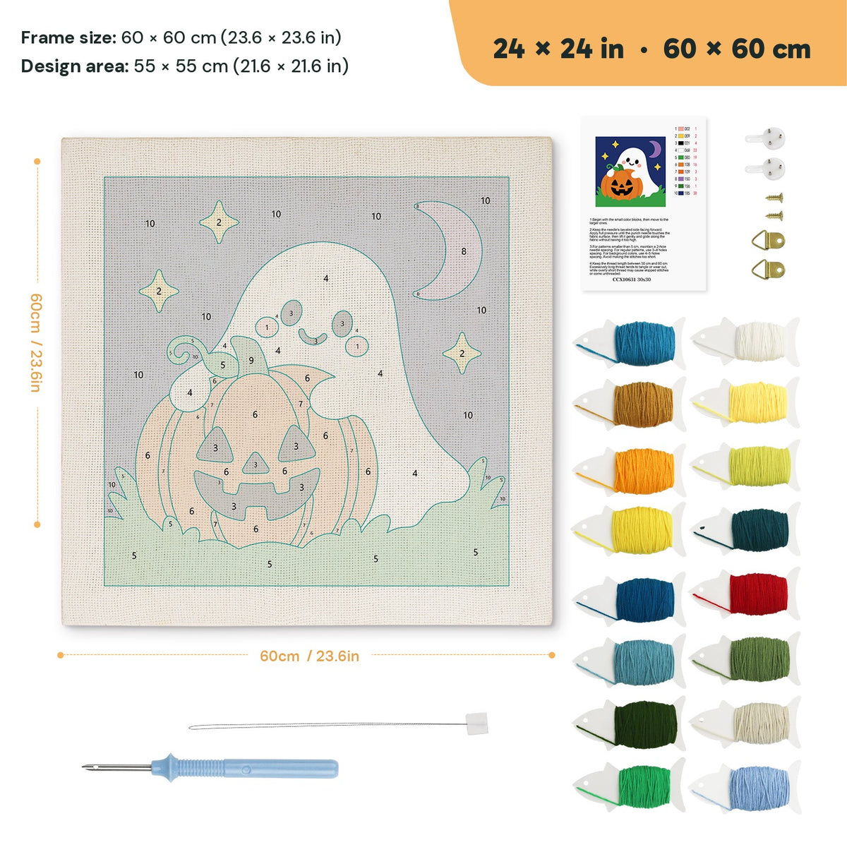 Pumpkin Patch Ghost punch needle kit, 24 × 24 in (60 × 60 cm): canvas size and kit contents