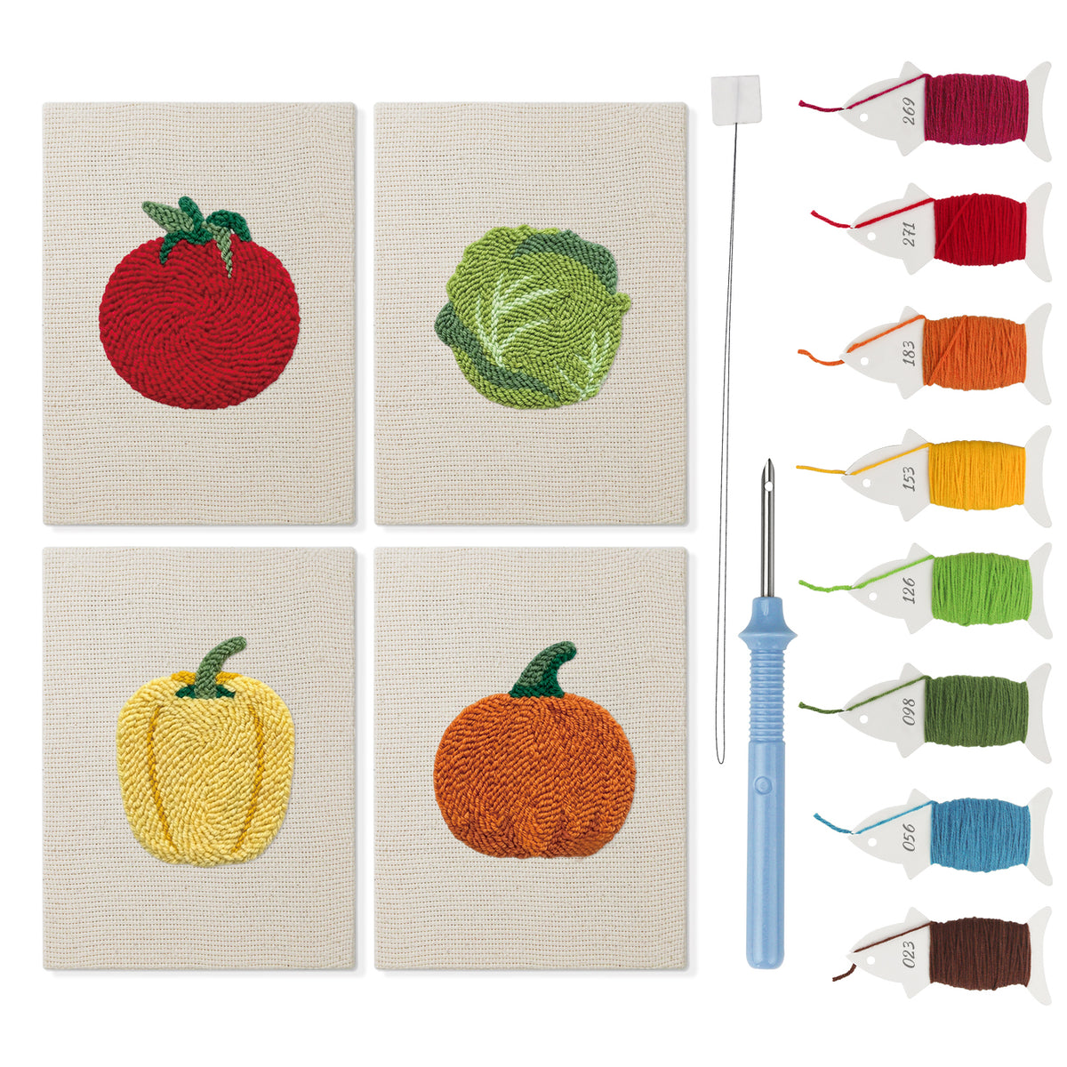 Pumpkin Pepper Patch mini punch needle kit set: four finished canvases with threads, punch needle and threader