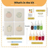 What is in the Pumpkin Pepper Patch set: 4 printed canvases, punch needle, threader, threads, color guide and 4 sets of hangers (6 × 8 in (15 × 20 cm) each)