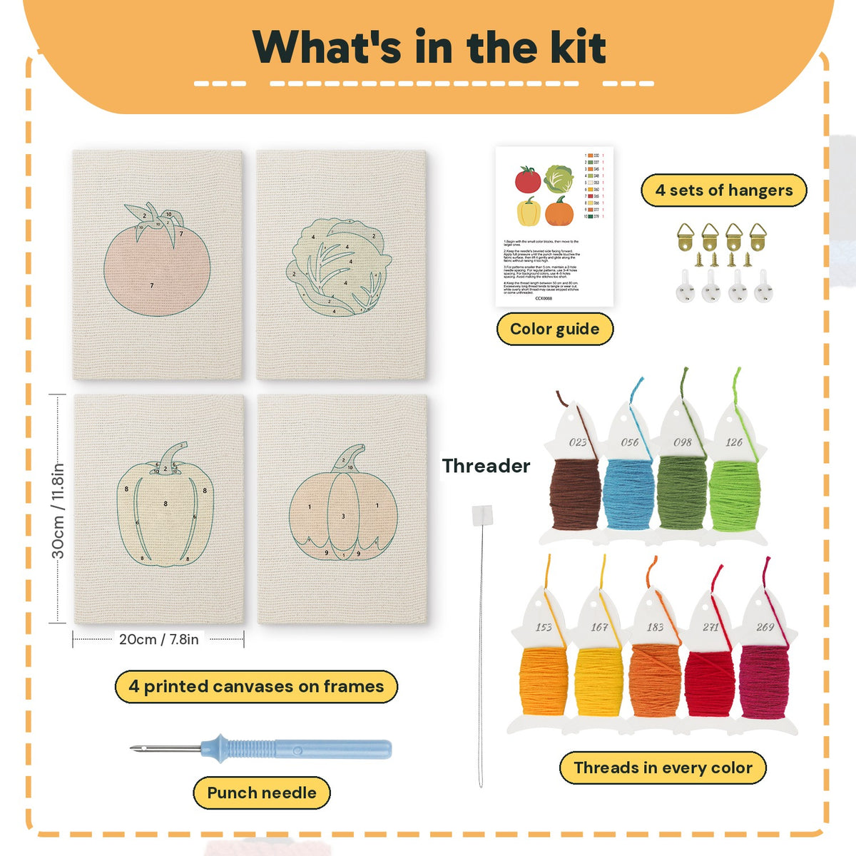 What is in the Pumpkin Pepper Patch set, 8 × 12 in (20 × 30 cm) each: 4 printed canvases, punch needle, threader, threads, color guide and 4 sets of hangers