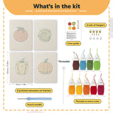 What is in the Pumpkin Pepper Patch set, 8 × 12 in (20 × 30 cm) each: 4 printed canvases, punch needle, threader, threads, color guide and 4 sets of hangers