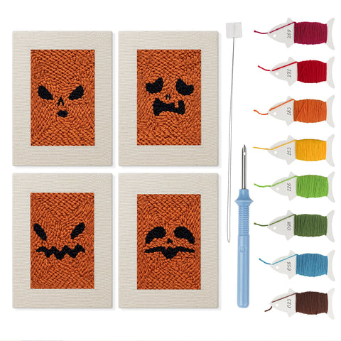 Pumpkin Scowls mini punch needle kit set: four finished canvases with threads, punch needle and threader
