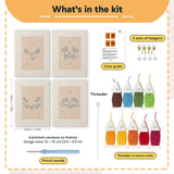 What is in the Pumpkin Scowls set: 4 printed canvases, punch needle, threader, threads, color guide and 4 sets of hangers (6 × 8 in (15 × 20 cm) each)