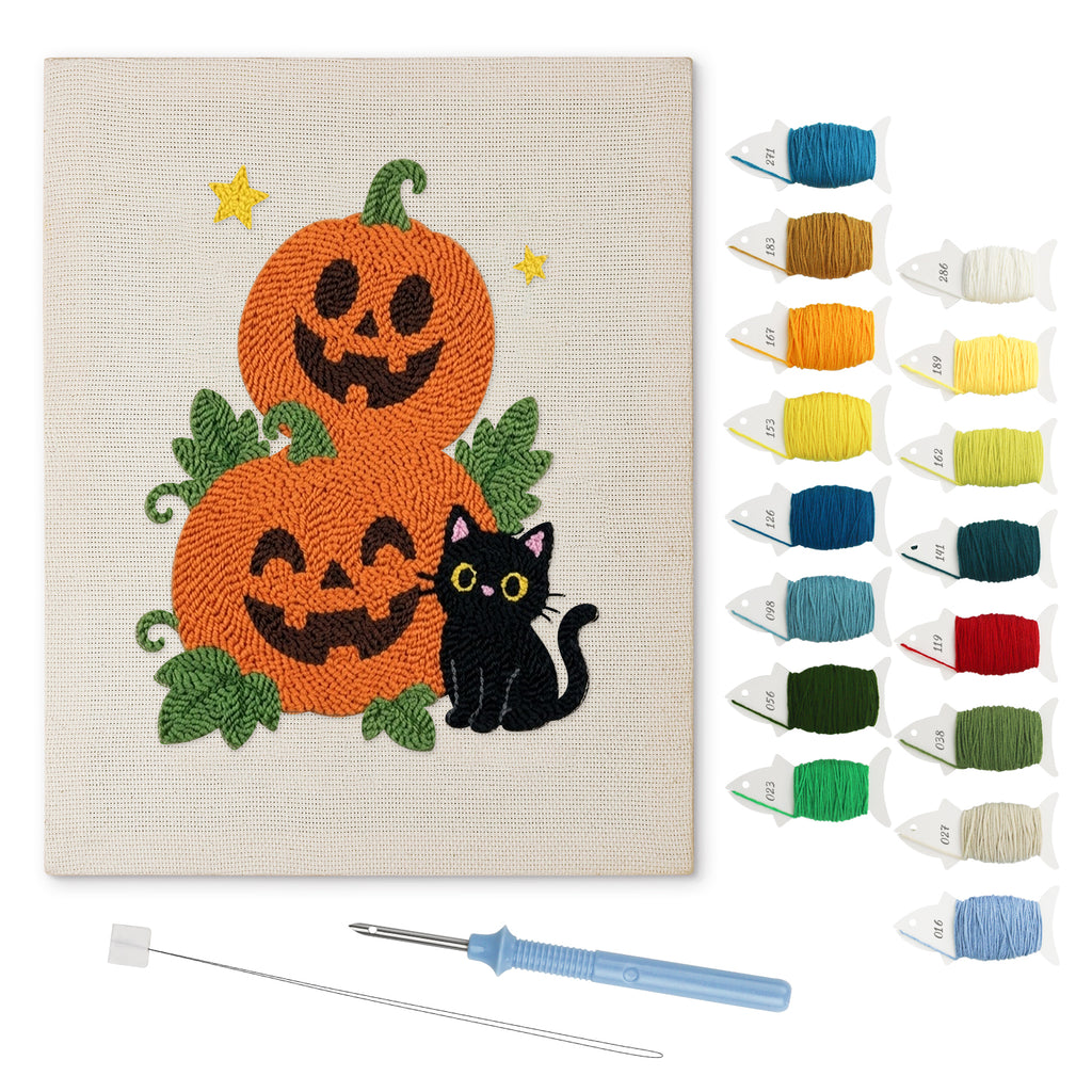 Pumpkin Stack and Cat punch needle kit: finished canvas with threads, punch needle and threader
