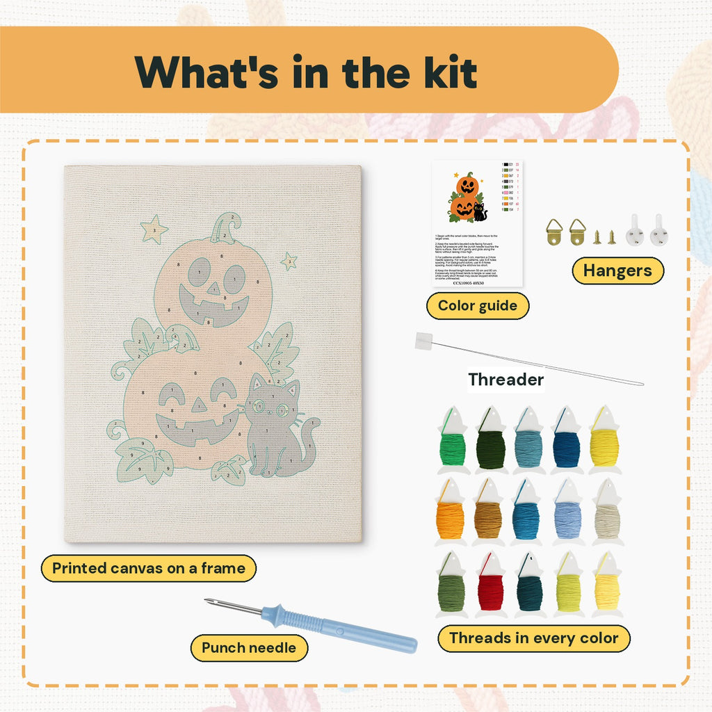 What is in the Pumpkin Stack and Cat kit: printed canvas, punch needle, threader, threads, color guide and hangers