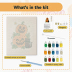 What is in the Pumpkin Stack and Cat kit: printed canvas, punch needle, threader, threads, color guide and hangers