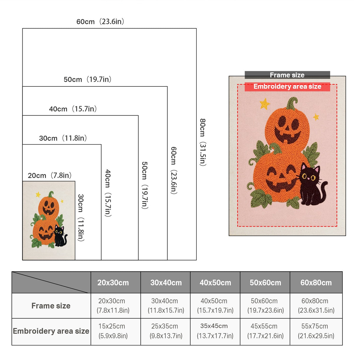 Size chart for punch needle kits from 20 x 30 cm to 60 x 80 cm