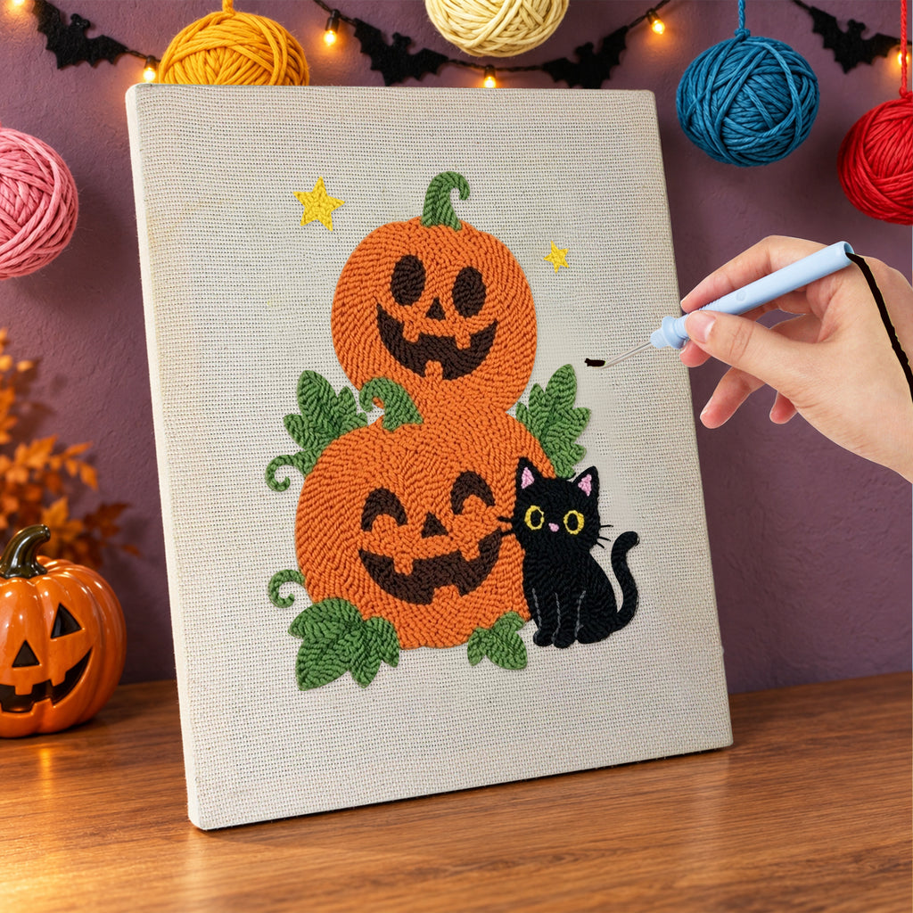 Punching the Pumpkin Stack and Cat design with the punch needle