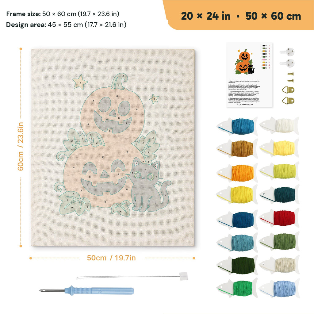 Pumpkin Stack and Cat punch needle kit, 20 × 24 in (50 × 60 cm): canvas size and kit contents
