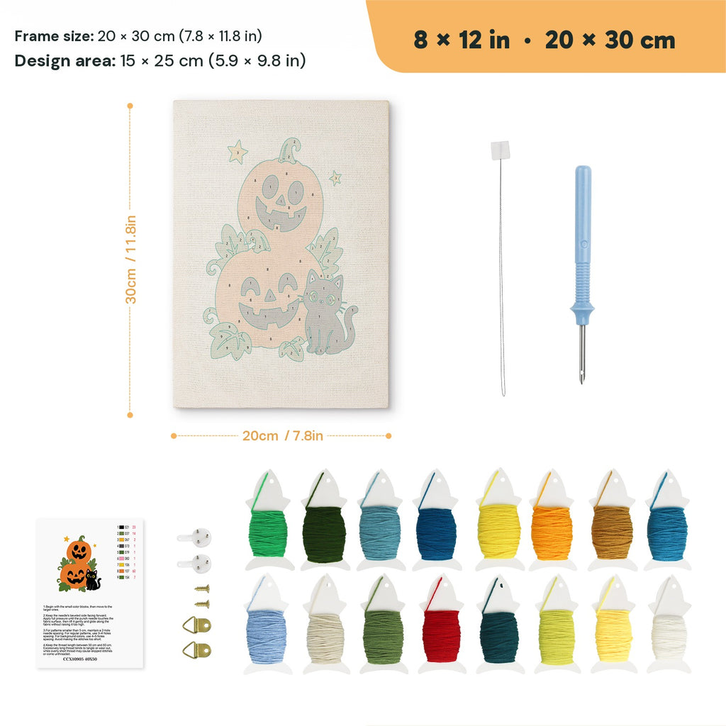 Pumpkin Stack and Cat punch needle kit, 8 × 12 in (20 × 30 cm): canvas size and kit contents