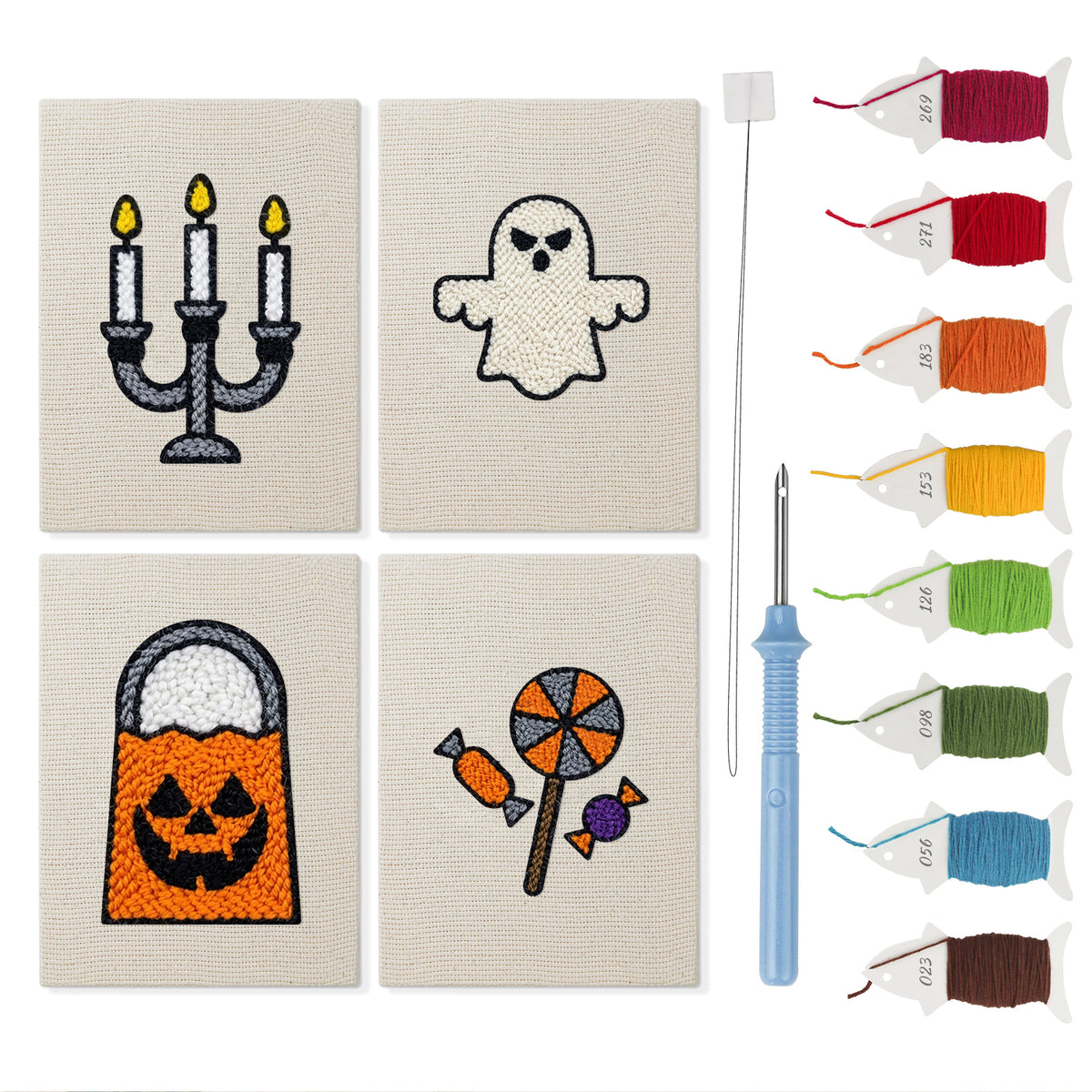 Pumpkin Treat Bag mini punch needle kit set: four finished canvases with threads, punch needle and threader