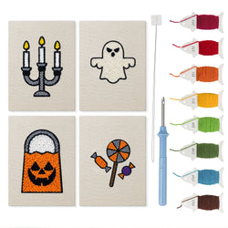 Pumpkin Treat Bag mini punch needle kit set: four finished canvases with threads, punch needle and threader