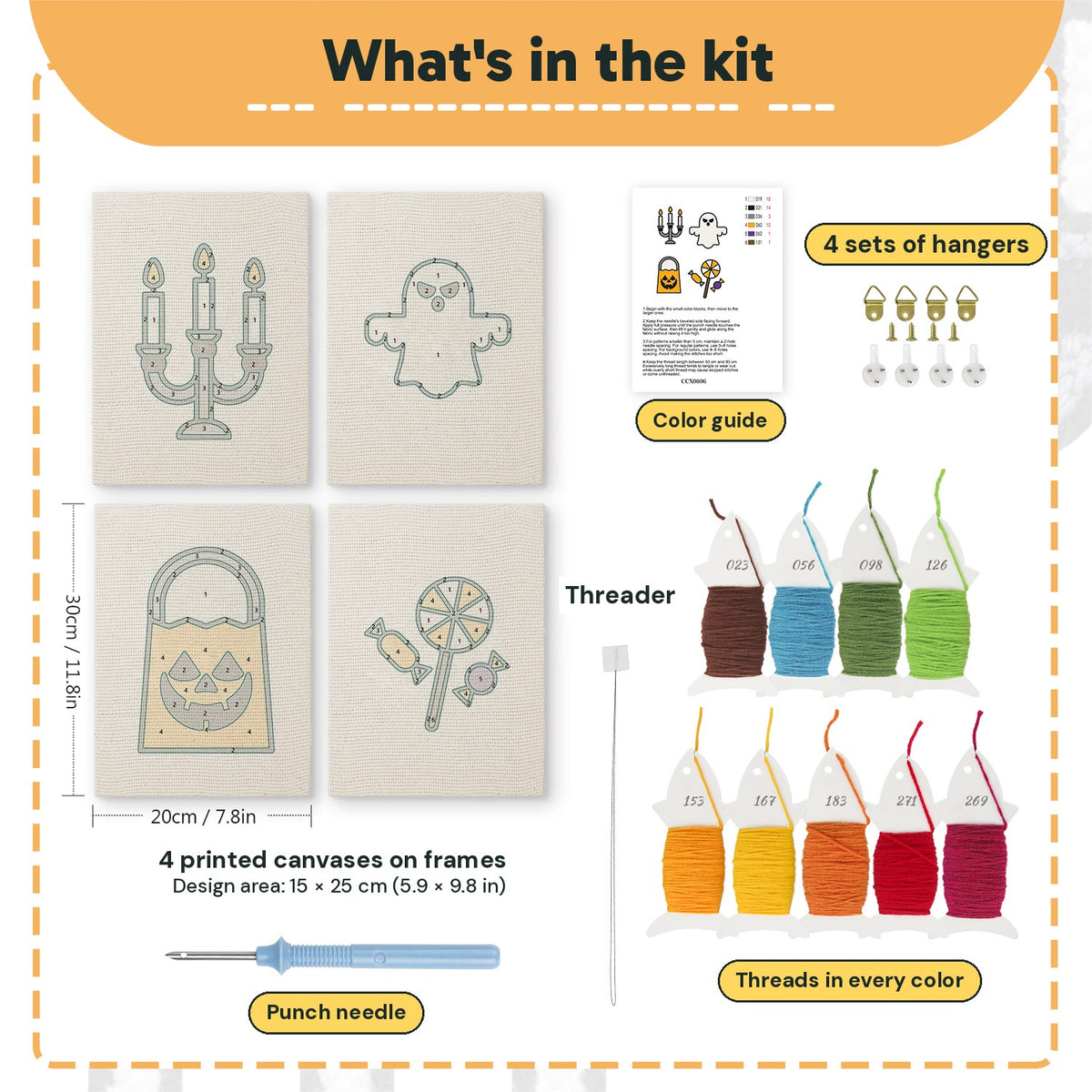 What is in the Pumpkin Treat Bag set, 8 × 12 in (20 × 30 cm) each: 4 printed canvases, punch needle, threader, threads, color guide and 4 sets of hangers
