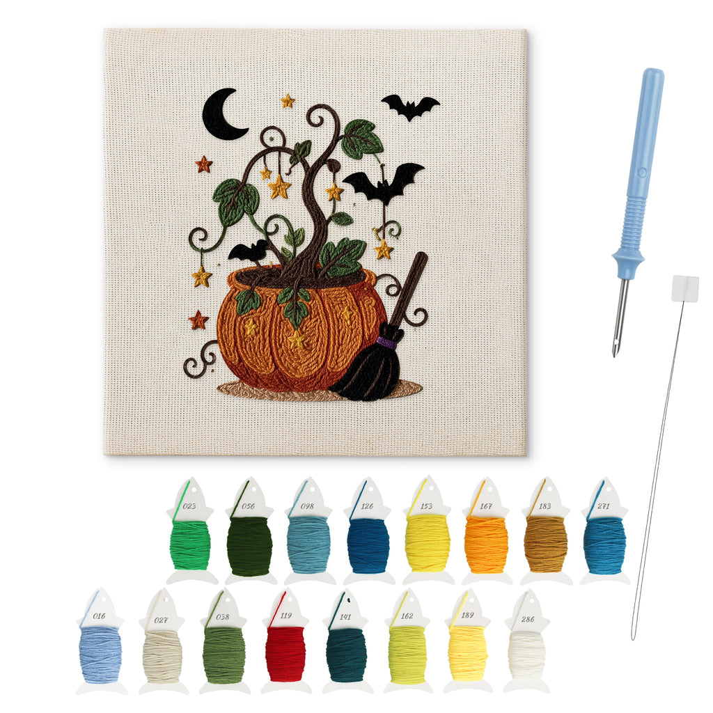 Pumpkin Vine Pot punch needle kit: finished canvas with threads, punch needle and threader