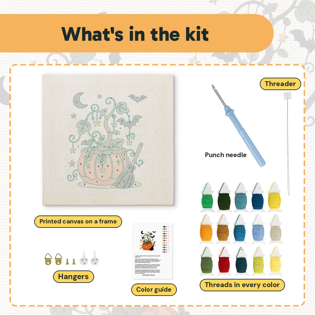What is in the Pumpkin Vine Pot kit: printed canvas, punch needle, threader, threads, color guide and hangers