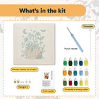 What is in the Pumpkin Vine Pot kit: printed canvas, punch needle, threader, threads, color guide and hangers