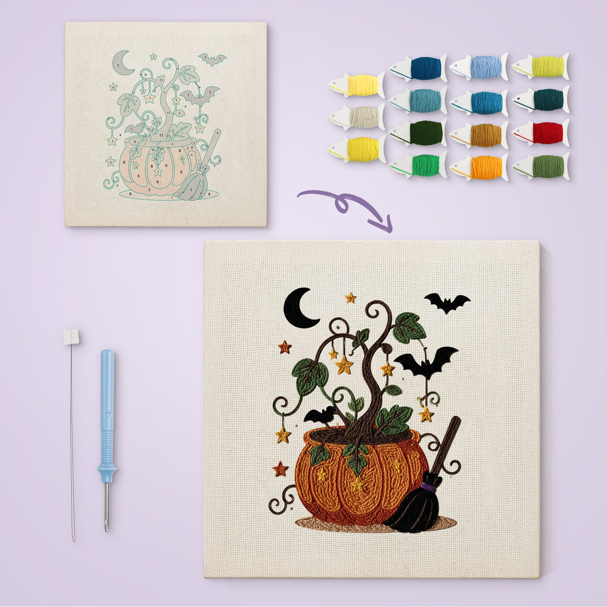 Pumpkin Vine Pot canvas before and after punching, with the threads and tools