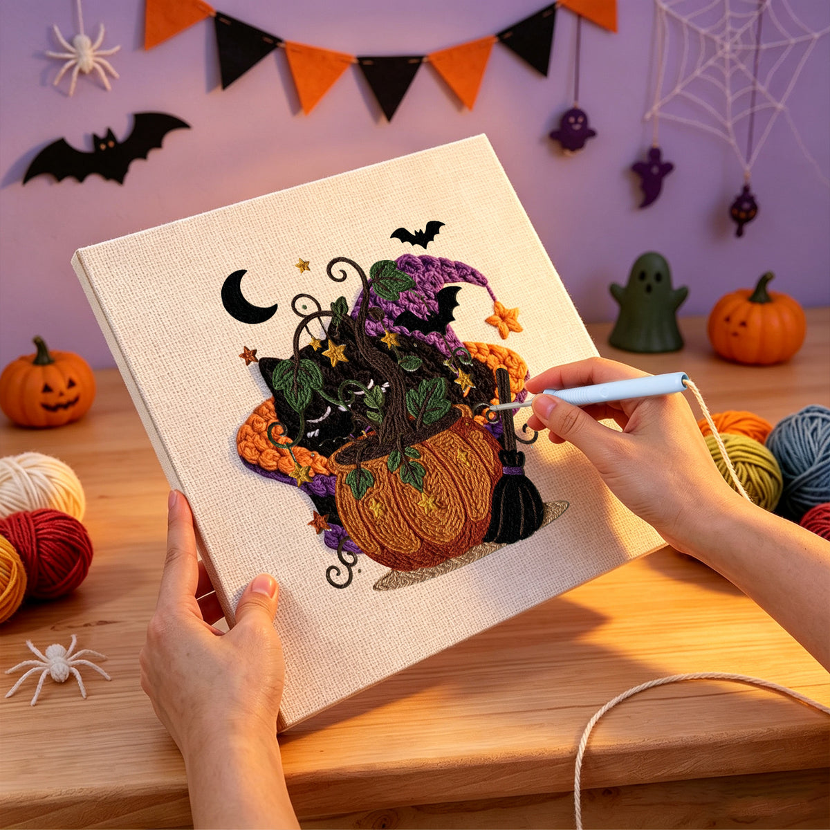 Punching the Pumpkin Vine Pot design with the punch needle