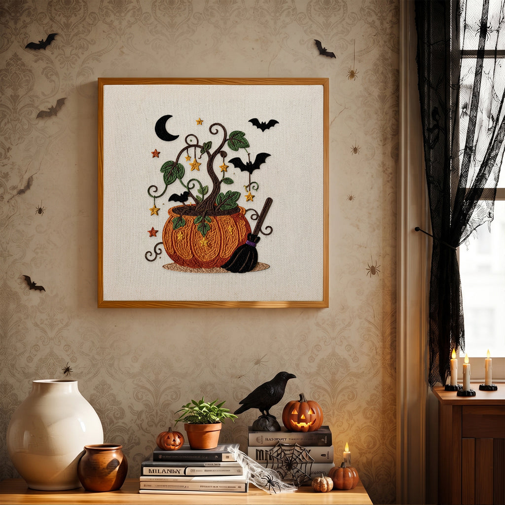 Finished Pumpkin Vine Pot punch needle canvas on a wall