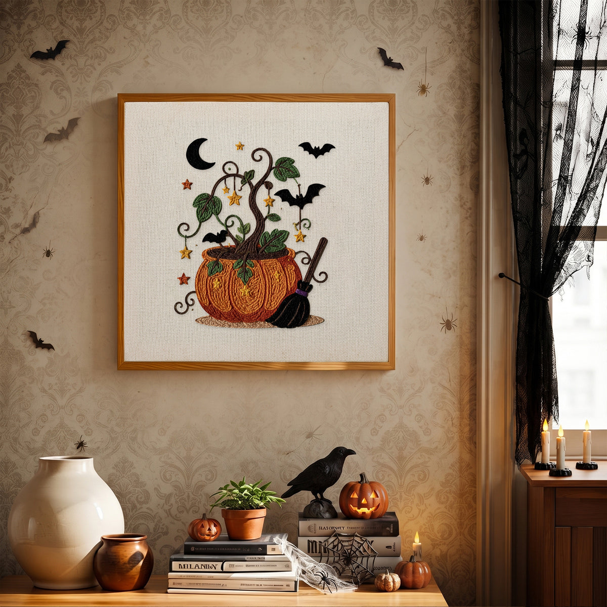 Finished Pumpkin Vine Pot punch needle canvas on a wall