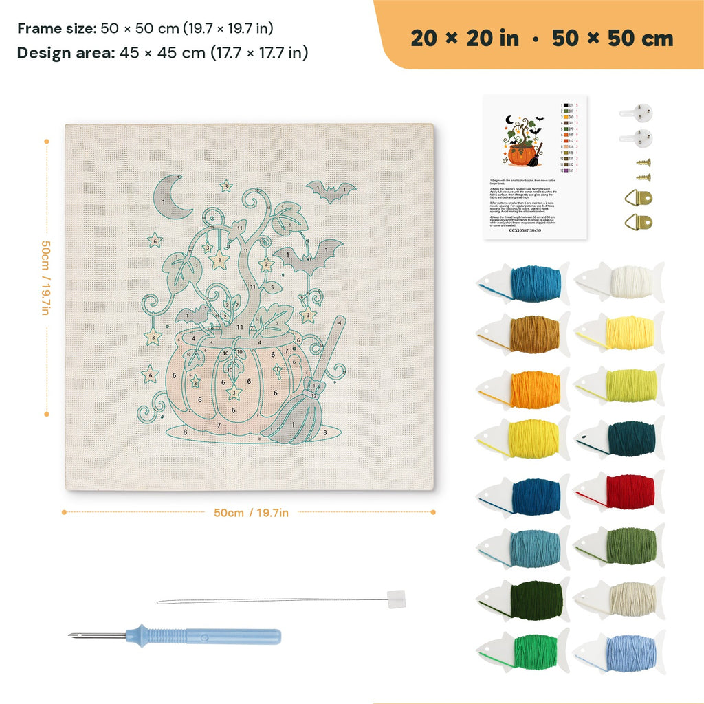 Pumpkin Vine Pot punch needle kit, 20 × 20 in (50 × 50 cm): canvas size and kit contents