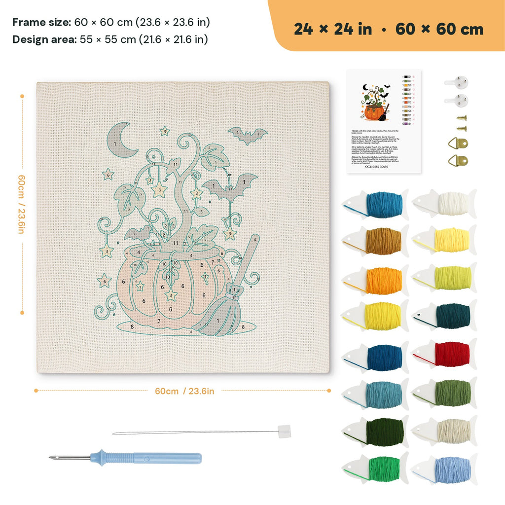 Pumpkin Vine Pot punch needle kit, 24 × 24 in (60 × 60 cm): canvas size and kit contents