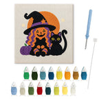 Pumpkin Witch and Cat punch needle kit: finished canvas with threads, punch needle and threader