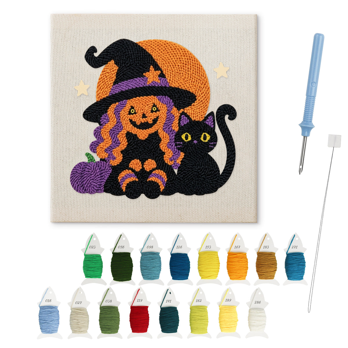 Pumpkin Witch and Cat punch needle kit: finished canvas with threads, punch needle and threader