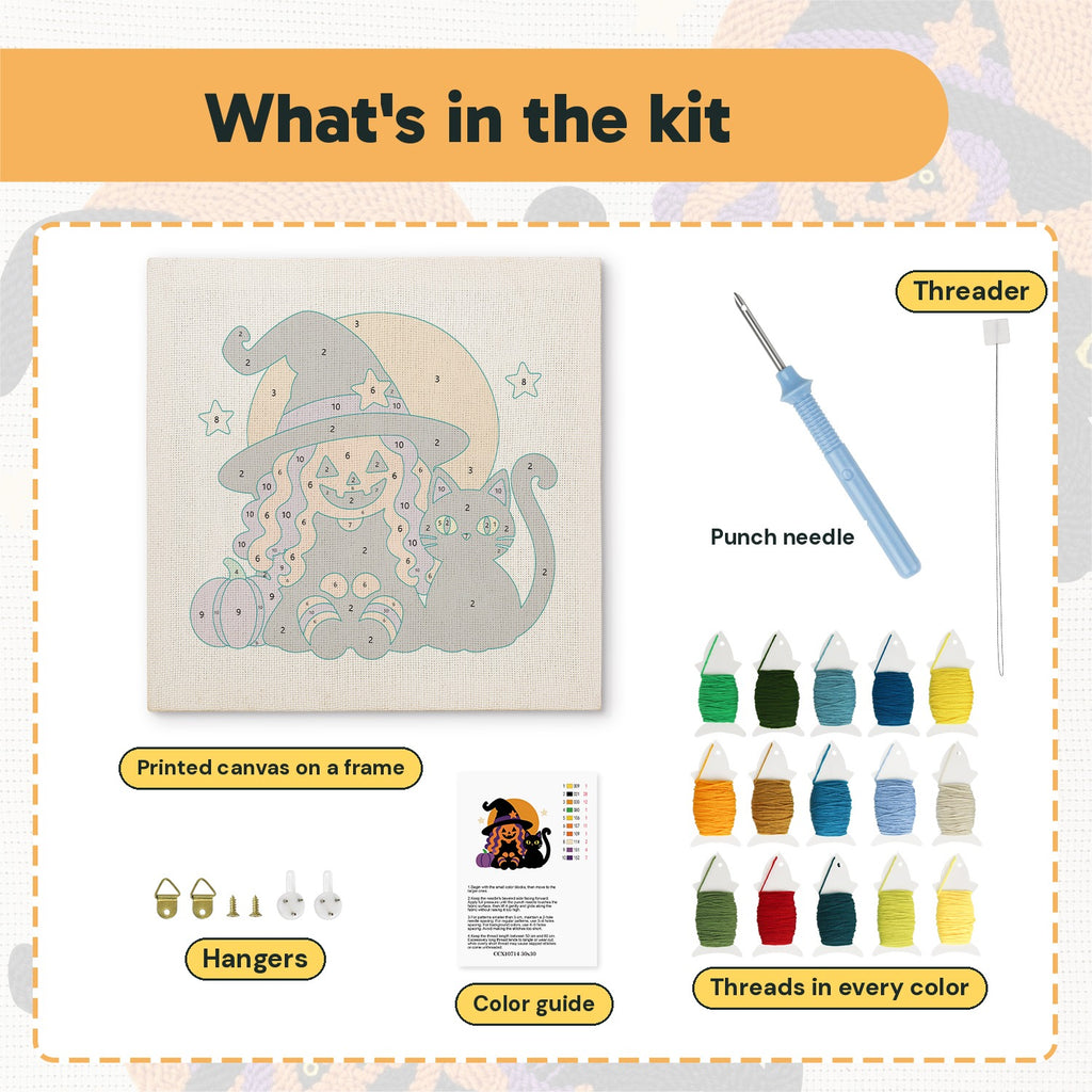 What is in the Pumpkin Witch and Cat kit: printed canvas, punch needle, threader, threads, color guide and hangers