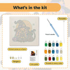 What is in the Pumpkin Witch and Cat kit: printed canvas, punch needle, threader, threads, color guide and hangers