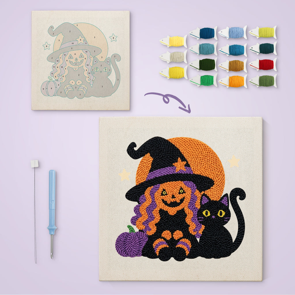 Pumpkin Witch and Cat canvas before and after punching, with the threads and tools