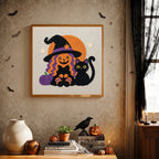 Finished Pumpkin Witch and Cat punch needle canvas on a wall