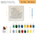 Pumpkin Witch and Cat punch needle kit, 12 × 12 in (30 × 30 cm): canvas size and kit contents
