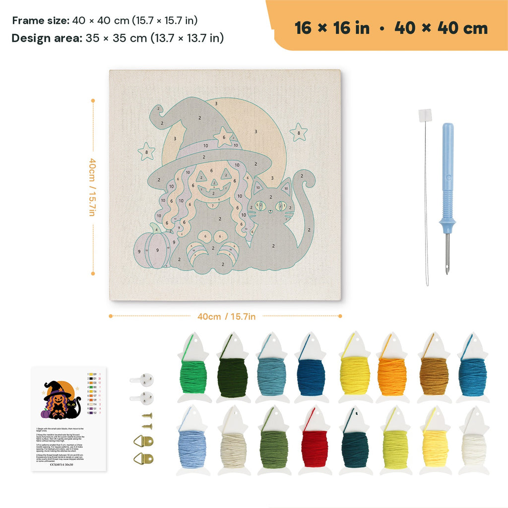Pumpkin Witch and Cat punch needle kit, 16 × 16 in (40 × 40 cm): canvas size and kit contents