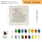 Pumpkin Witch and Cat punch needle kit, 16 × 16 in (40 × 40 cm): canvas size and kit contents