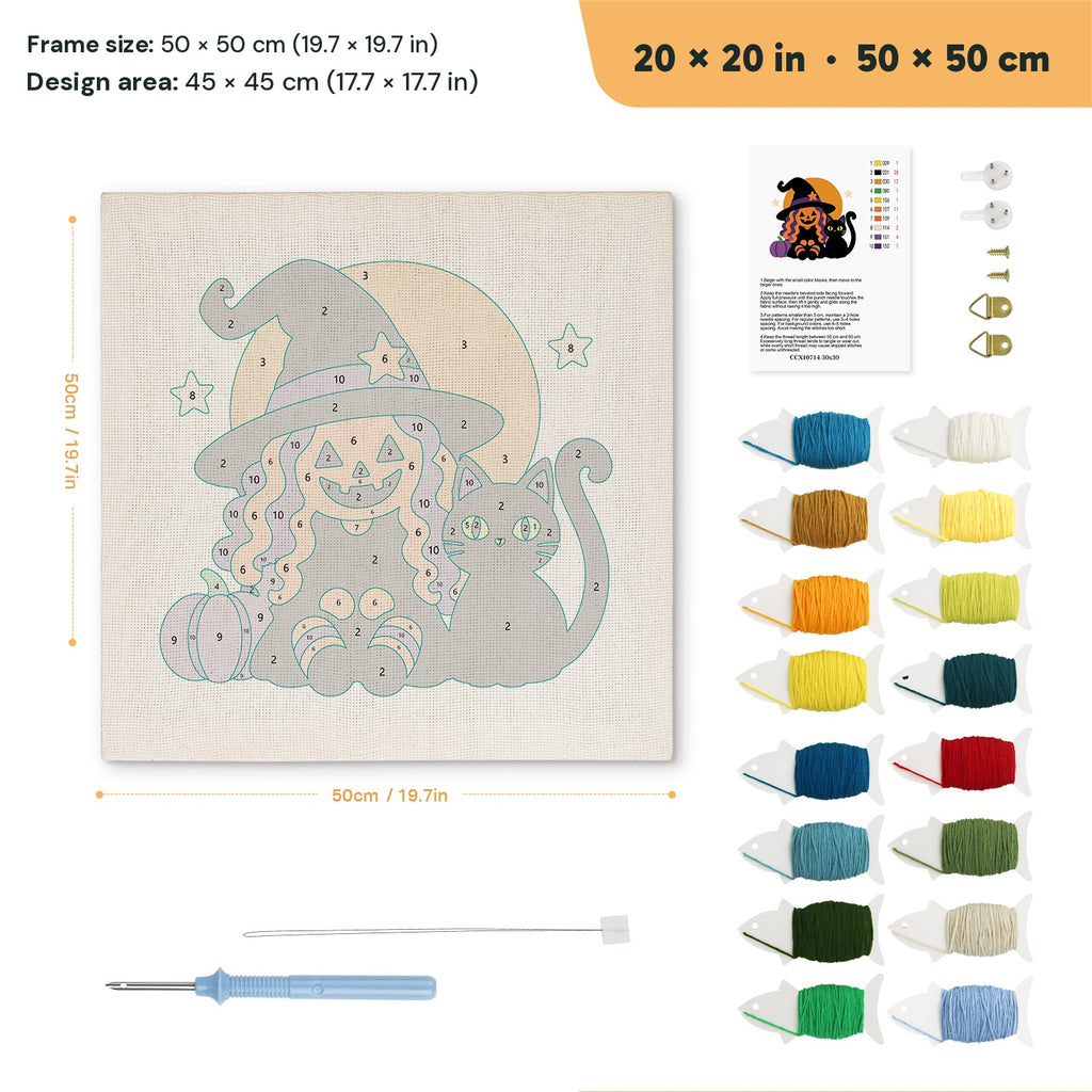 Pumpkin Witch and Cat punch needle kit, 20 × 20 in (50 × 50 cm): canvas size and kit contents