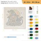 Pumpkin Witch and Cat punch needle kit, 20 × 20 in (50 × 50 cm): canvas size and kit contents