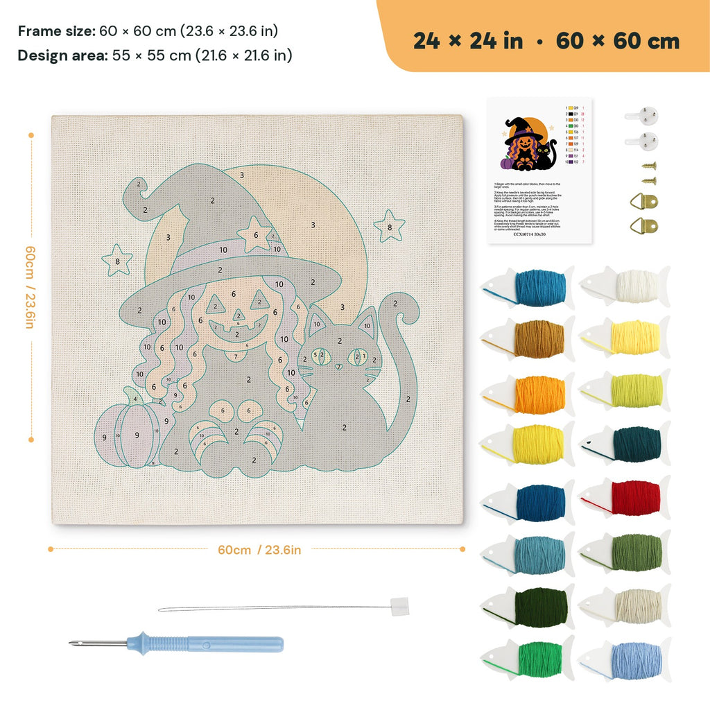 Pumpkin Witch and Cat punch needle kit, 24 × 24 in (60 × 60 cm): canvas size and kit contents