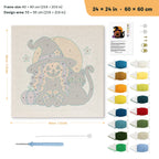 Pumpkin Witch and Cat punch needle kit, 24 × 24 in (60 × 60 cm): canvas size and kit contents