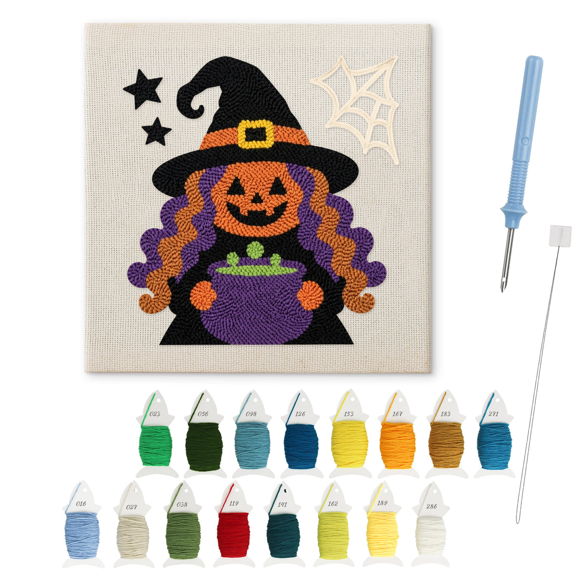 Pumpkin Witch Brew punch needle kit: finished canvas with threads, punch needle and threader