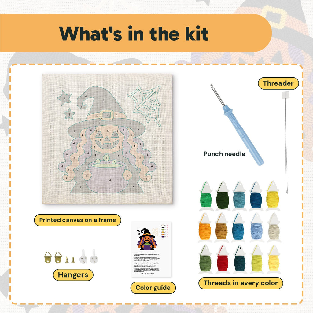 What is in the Pumpkin Witch Brew kit: printed canvas, punch needle, threader, threads, color guide and hangers