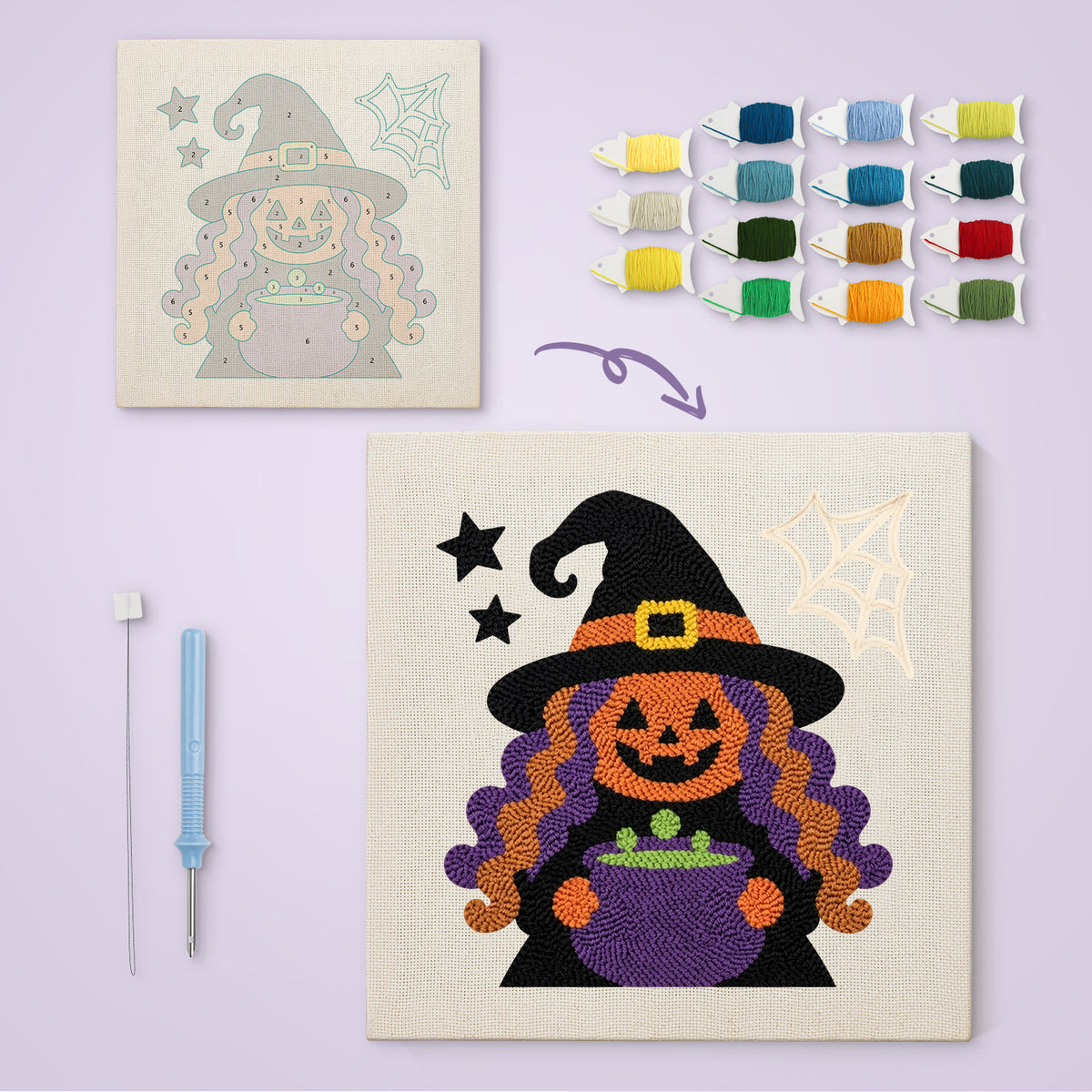 Pumpkin Witch Brew canvas before and after punching, with the threads and tools