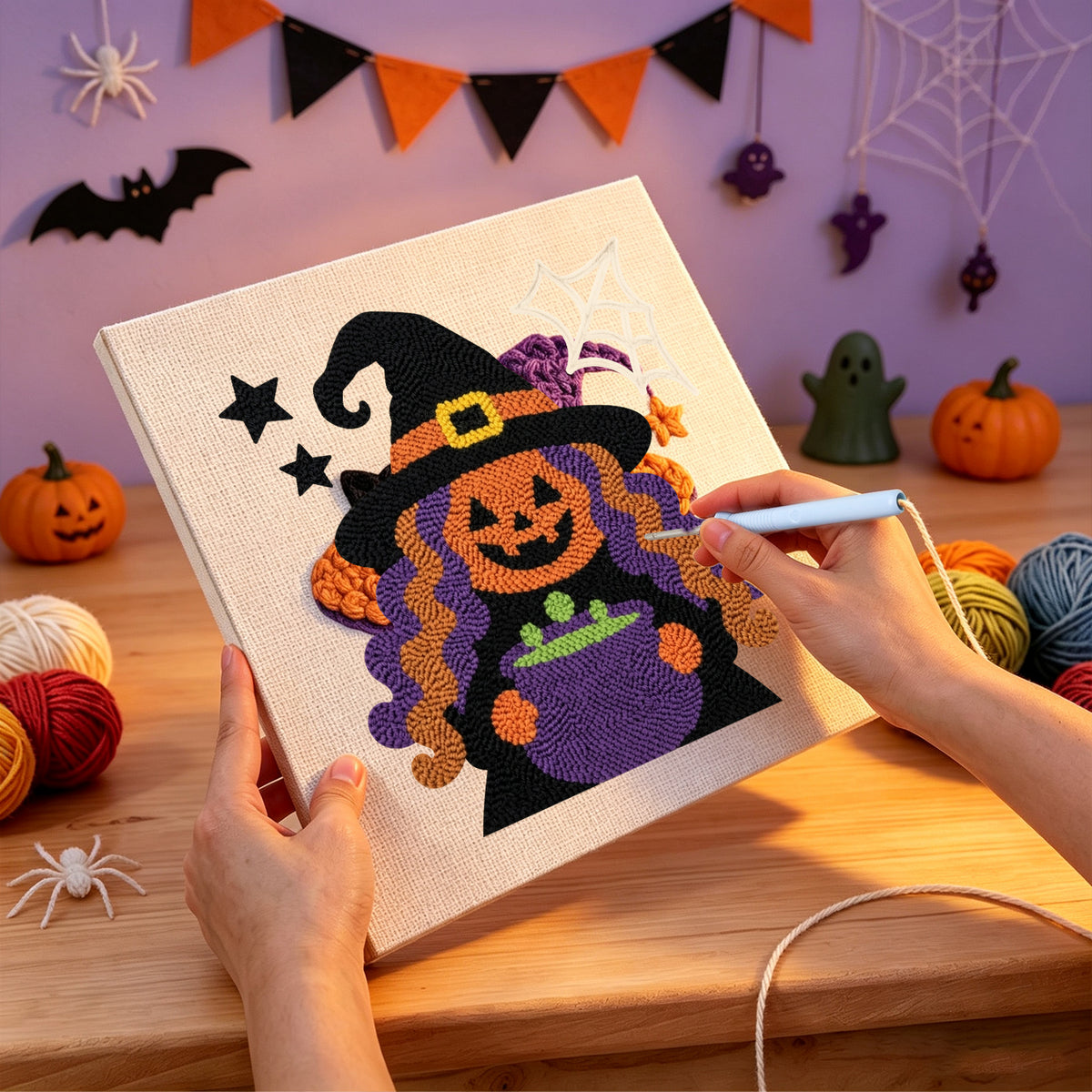 Punching the Pumpkin Witch Brew design with the punch needle
