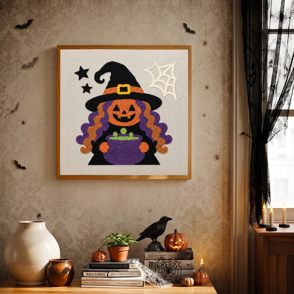 Finished Pumpkin Witch Brew punch needle canvas on a wall