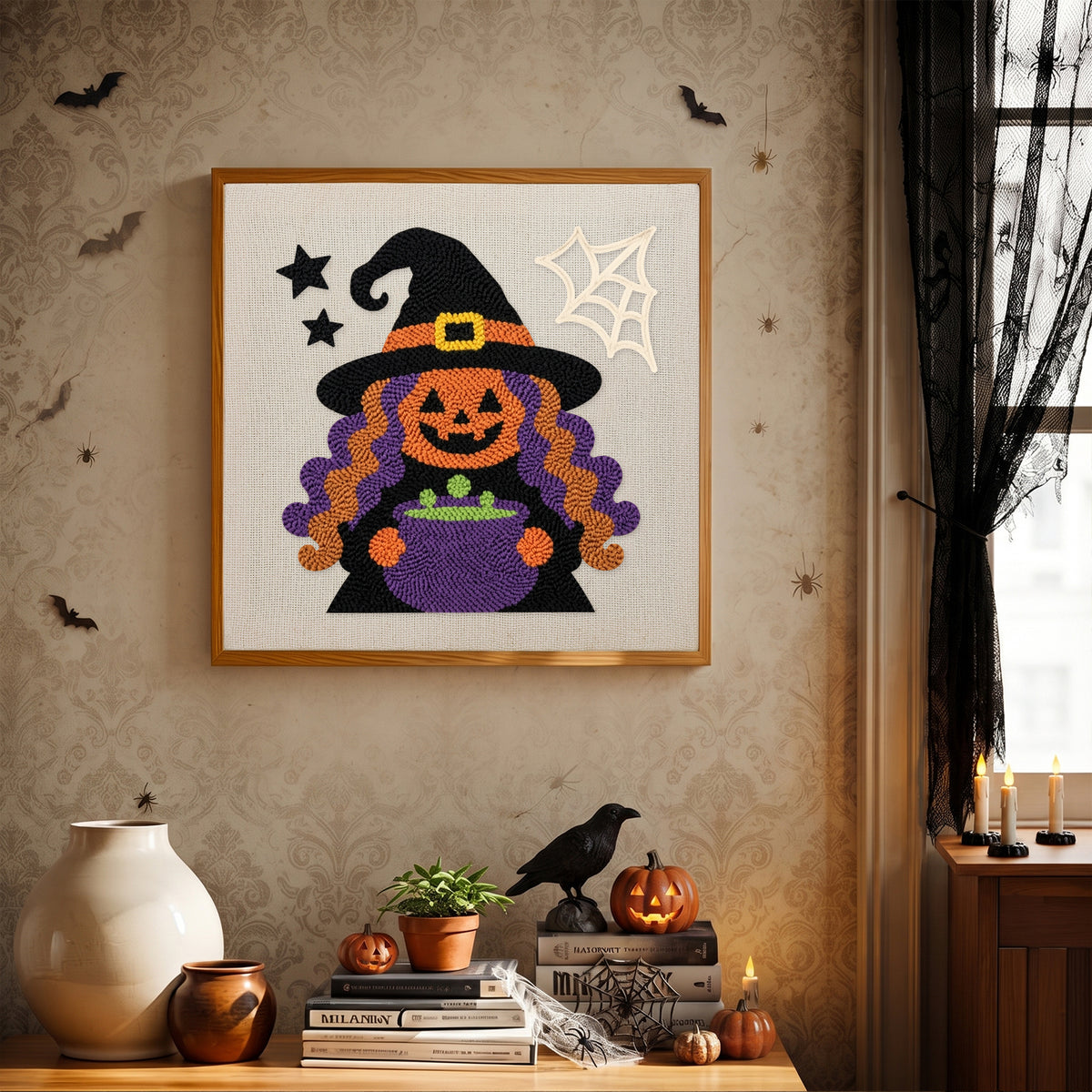 Finished Pumpkin Witch Brew punch needle canvas on a wall