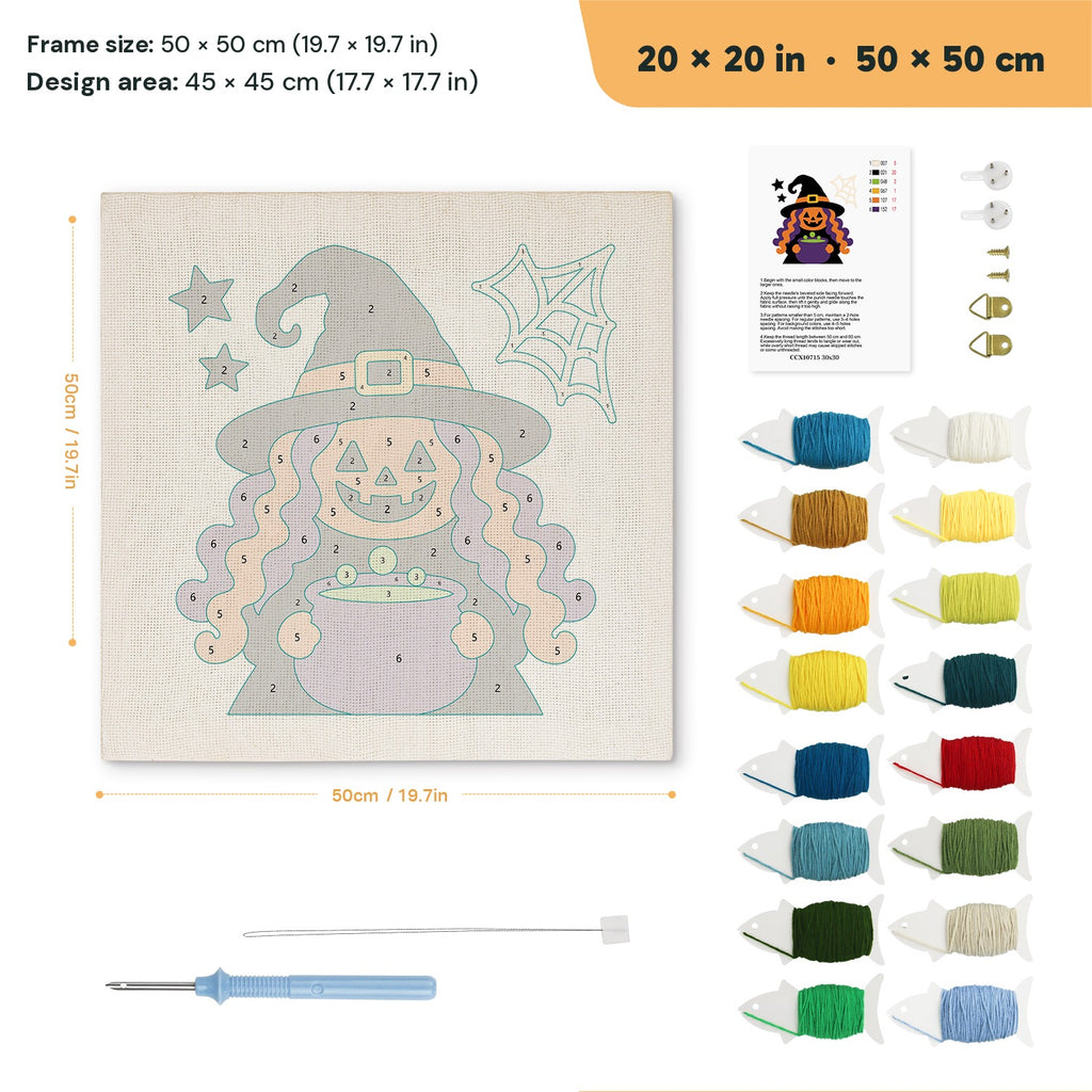 Pumpkin Witch Brew punch needle kit, 20 × 20 in (50 × 50 cm): canvas size and kit contents