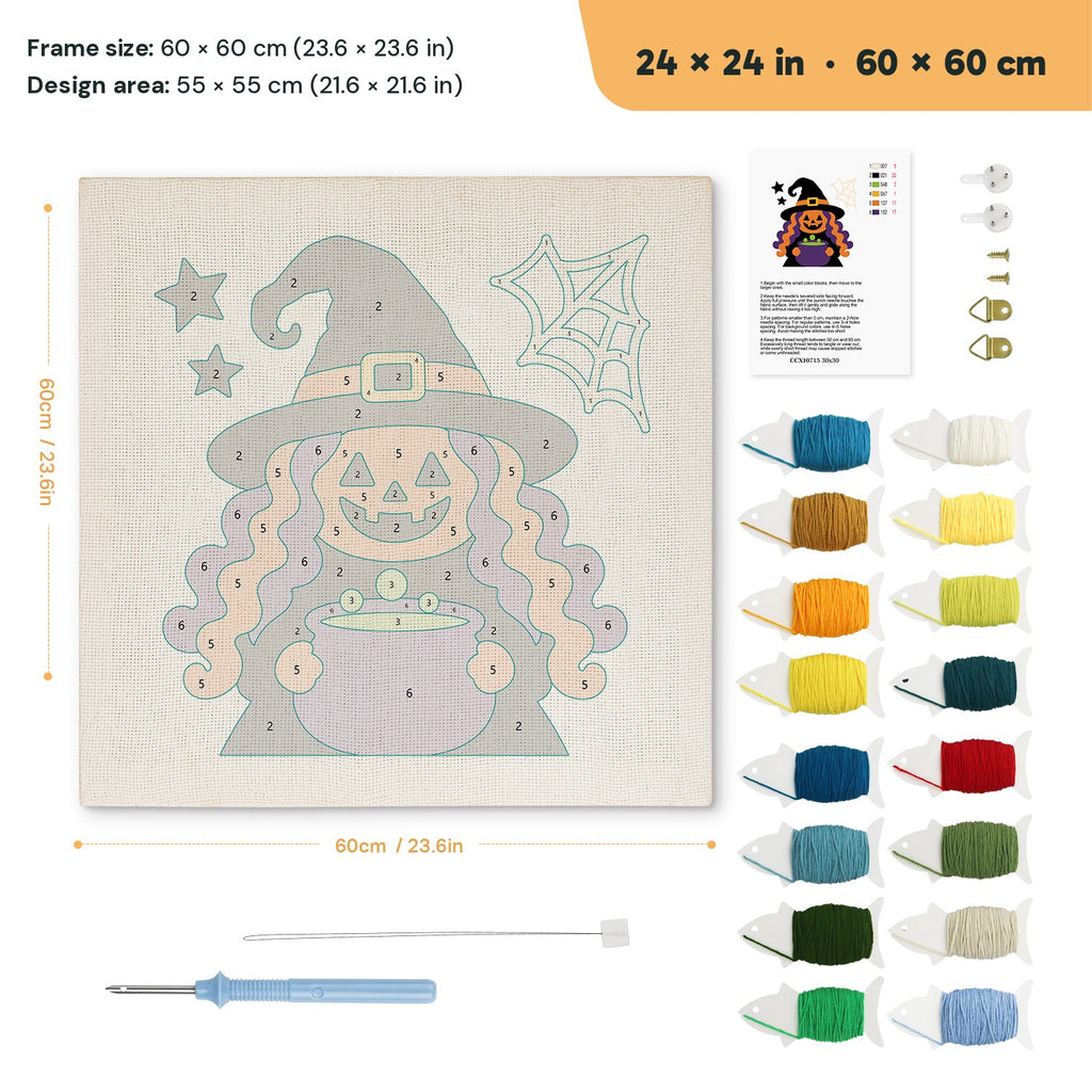 Pumpkin Witch Brew punch needle kit, 24 × 24 in (60 × 60 cm): canvas size and kit contents