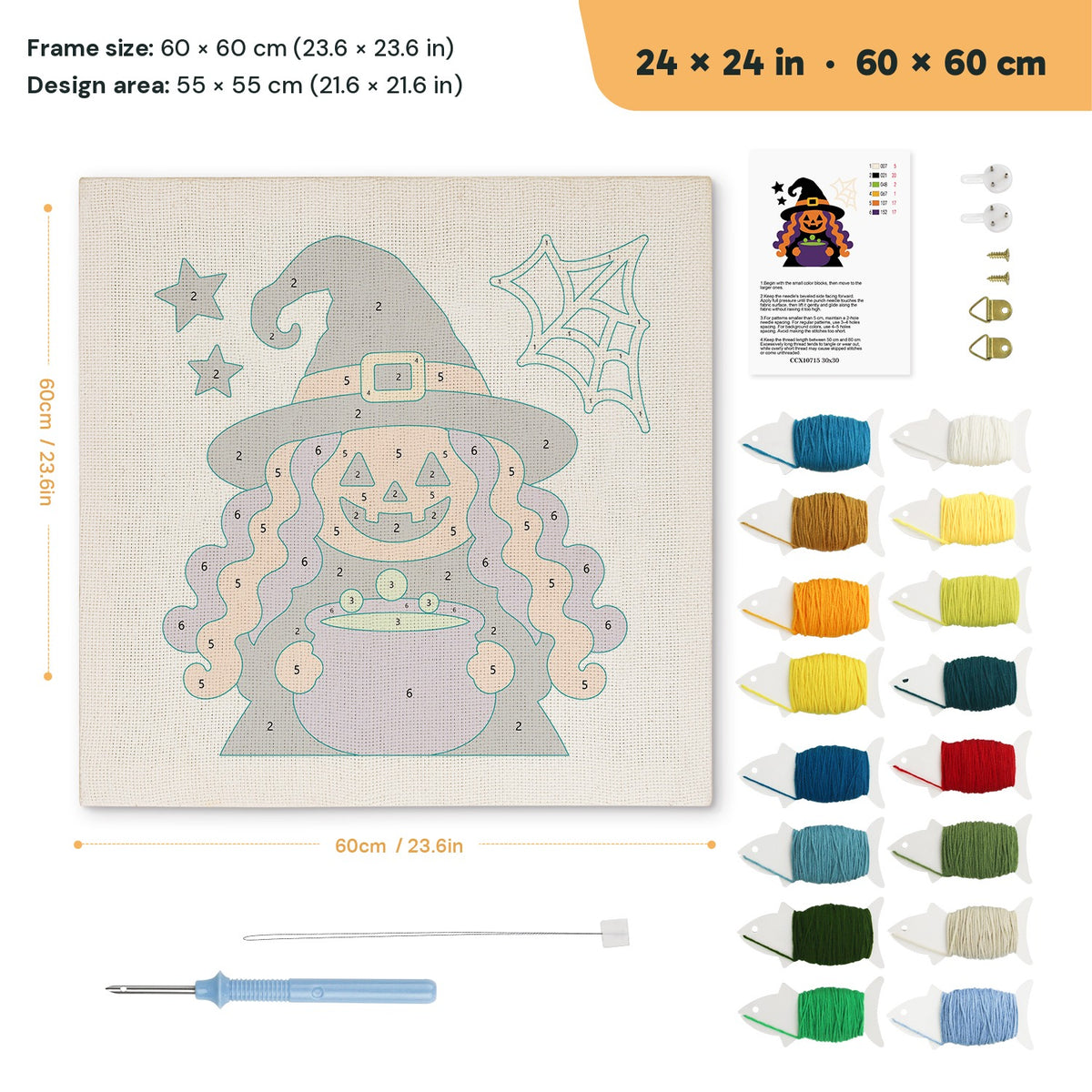 Pumpkin Witch Brew punch needle kit, 24 × 24 in (60 × 60 cm): canvas size and kit contents